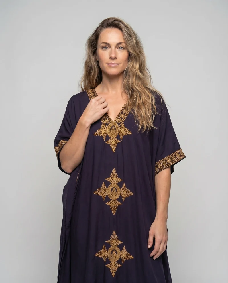 Damen Boho-Überwurfkleid Goldstickerei Kimonoärmel Bodenlang
