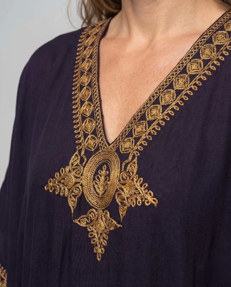 Damen Boho-Überwurfkleid Goldstickerei Kimonoärmel Bodenlang