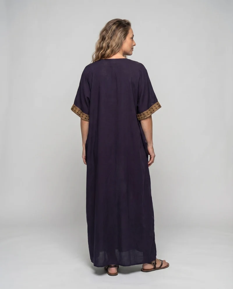 Damen Boho-Überwurfkleid Goldstickerei Kimonoärmel Bodenlang