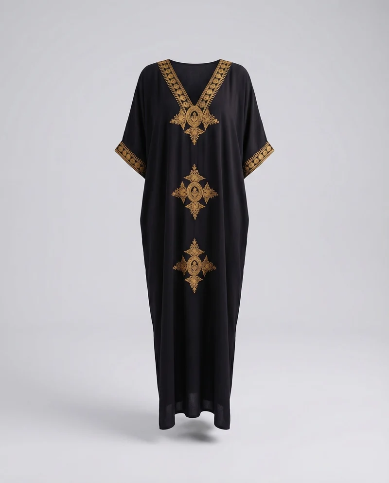 Damen Boho-Überwurfkleid Goldstickerei Kimonoärmel Bodenlang
