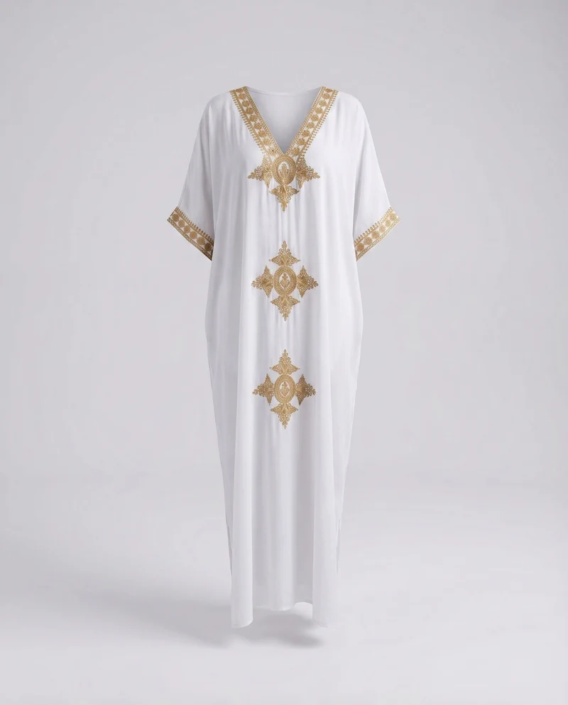 Damen Boho-Überwurfkleid Goldstickerei Kimonoärmel Bodenlang