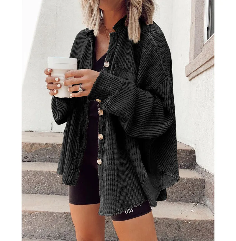 Damen Lässiges Overshirt mit Struktur und Druckknopfverschluss