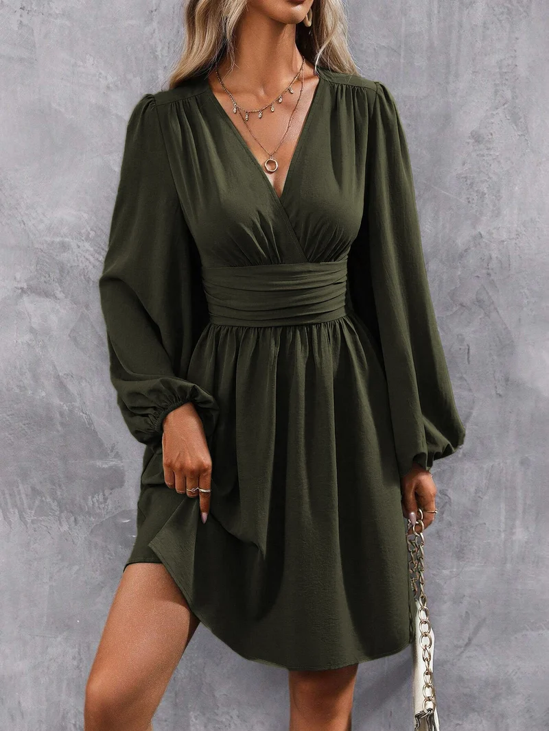 Damen Knielanges Wickelkleid mit eleganten Puffärmeln