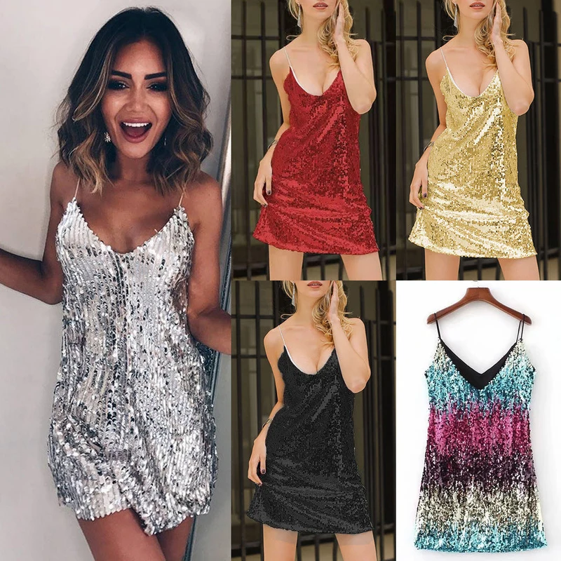 Damen Glitzerndes Minikleid mit schmalen Spaghettiträgern und raffiniertem Schnitt Nord Taschen