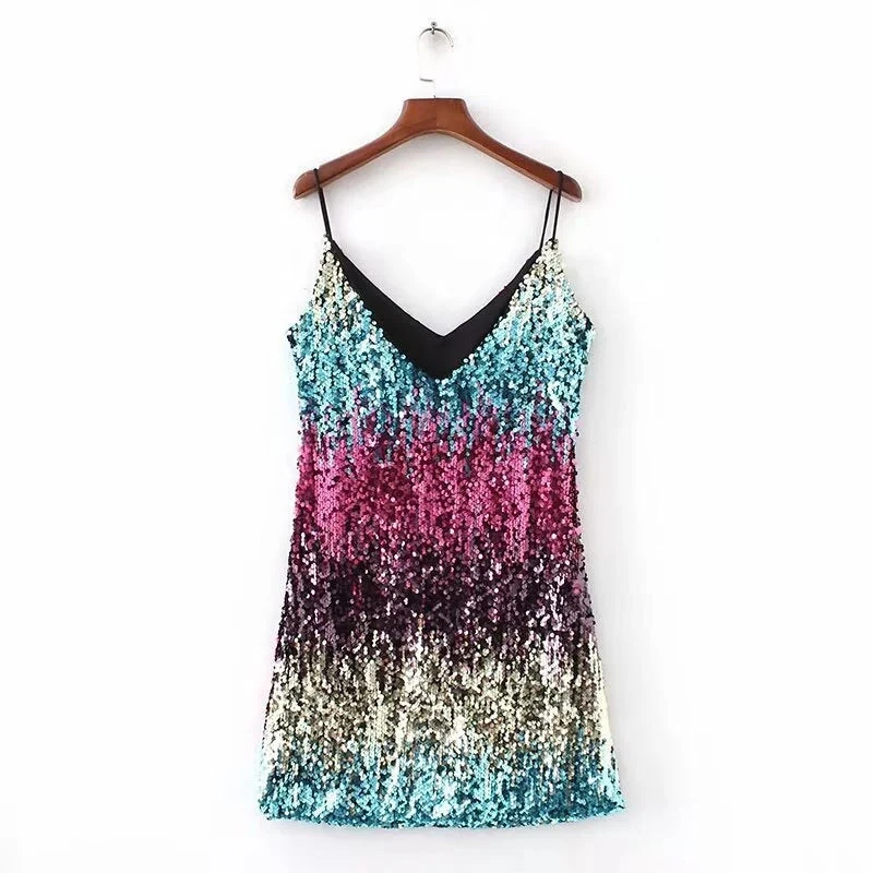 Damen Glitzerndes Minikleid mit schmalen Spaghettiträgern und raffiniertem Schnitt Nord Taschen