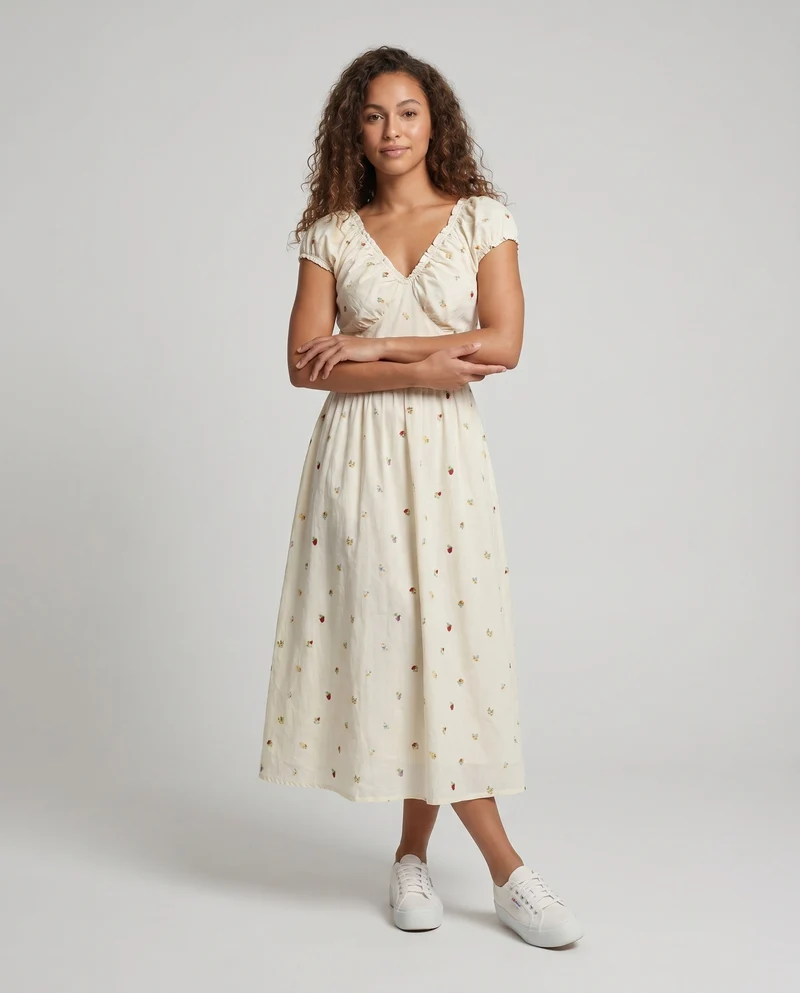 Damen Maxikleid mit verspielten Rüschendetails und floralem Muster