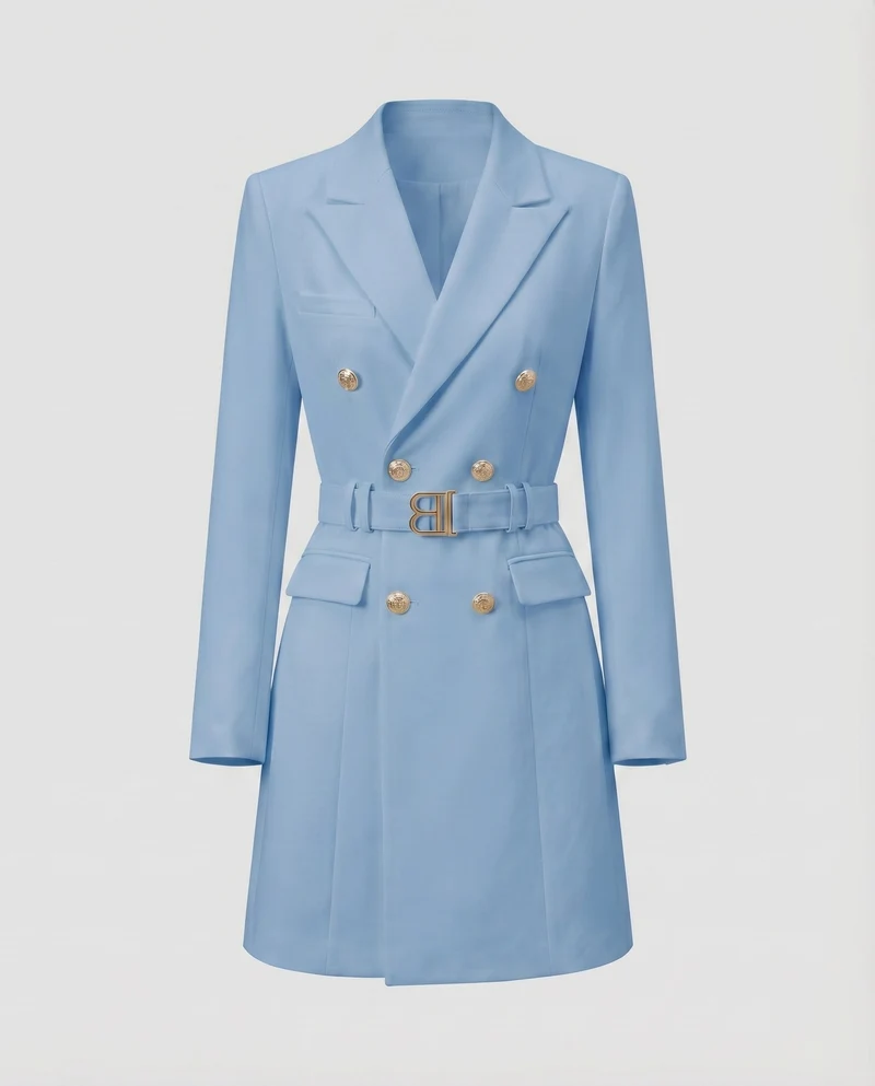 Damen Blazerkleid Taillengürtel Zierknopfleiste Tailliert