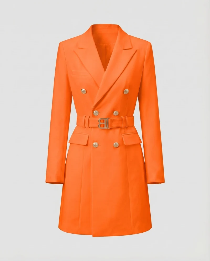 Damen Blazerkleid Taillengürtel Zierknopfleiste Tailliert