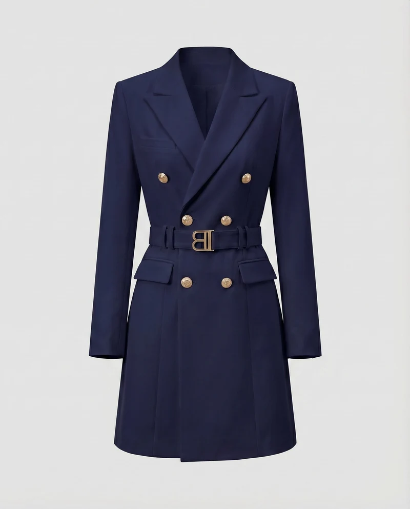 Damen Blazerkleid Taillengürtel Zierknopfleiste Tailliert
