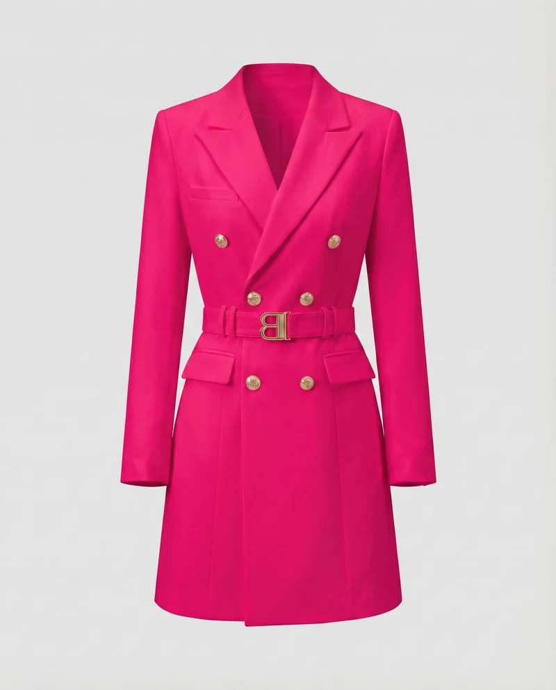 Damen Blazerkleid Taillengürtel Zierknopfleiste Tailliert