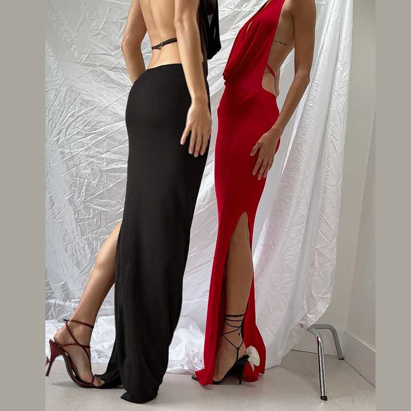 Damen Elegantes Maxikleid mit tiefem V-Ausschnitt und seitlichen Cut-Outs