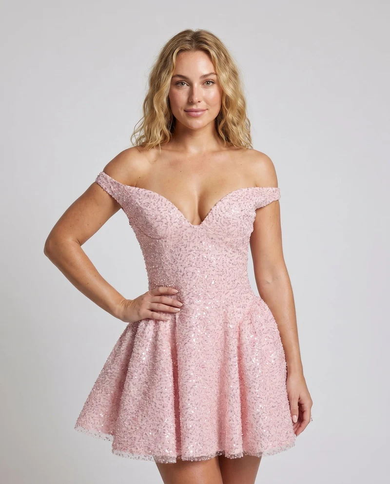 Damen Verspieltes Minikleid mit schimmerndem Paillettenbesatz und schulterfreiem Design