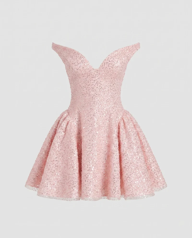 Damen Verspieltes Minikleid mit schimmerndem Paillettenbesatz und schulterfreiem Design