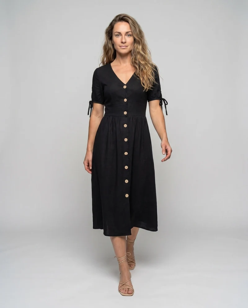 Damen Knielanges Kleid mit Knopfleiste und eleganten Puffärmeln