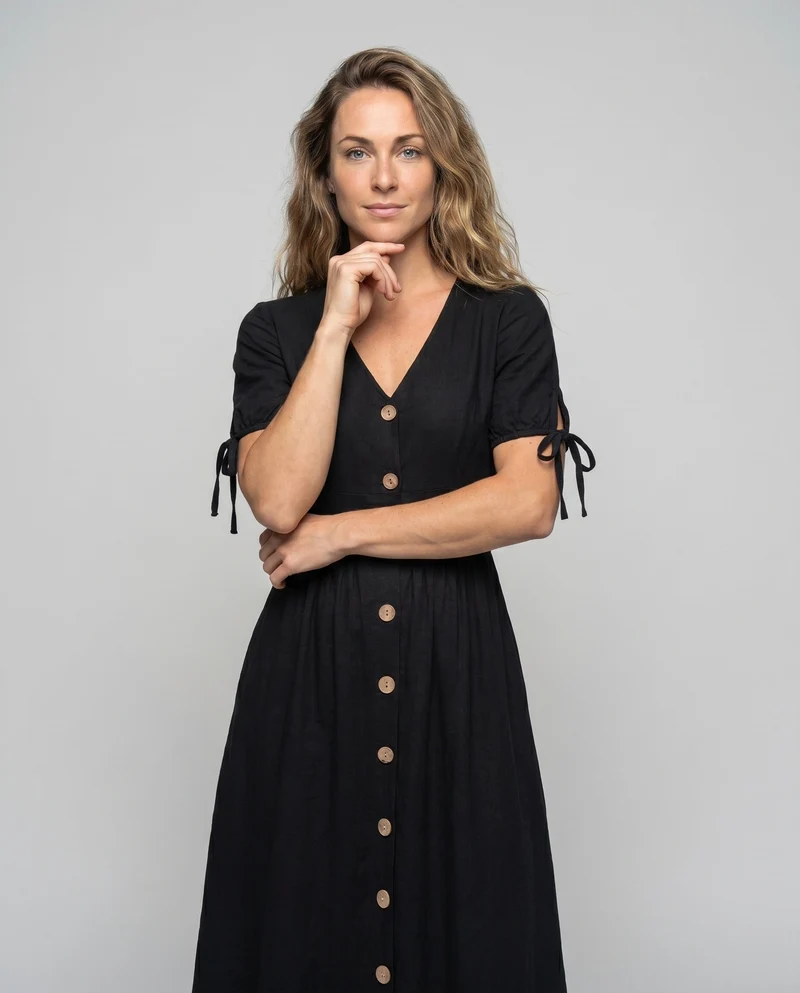Damen Knielanges Kleid mit Knopfleiste und eleganten Puffärmeln