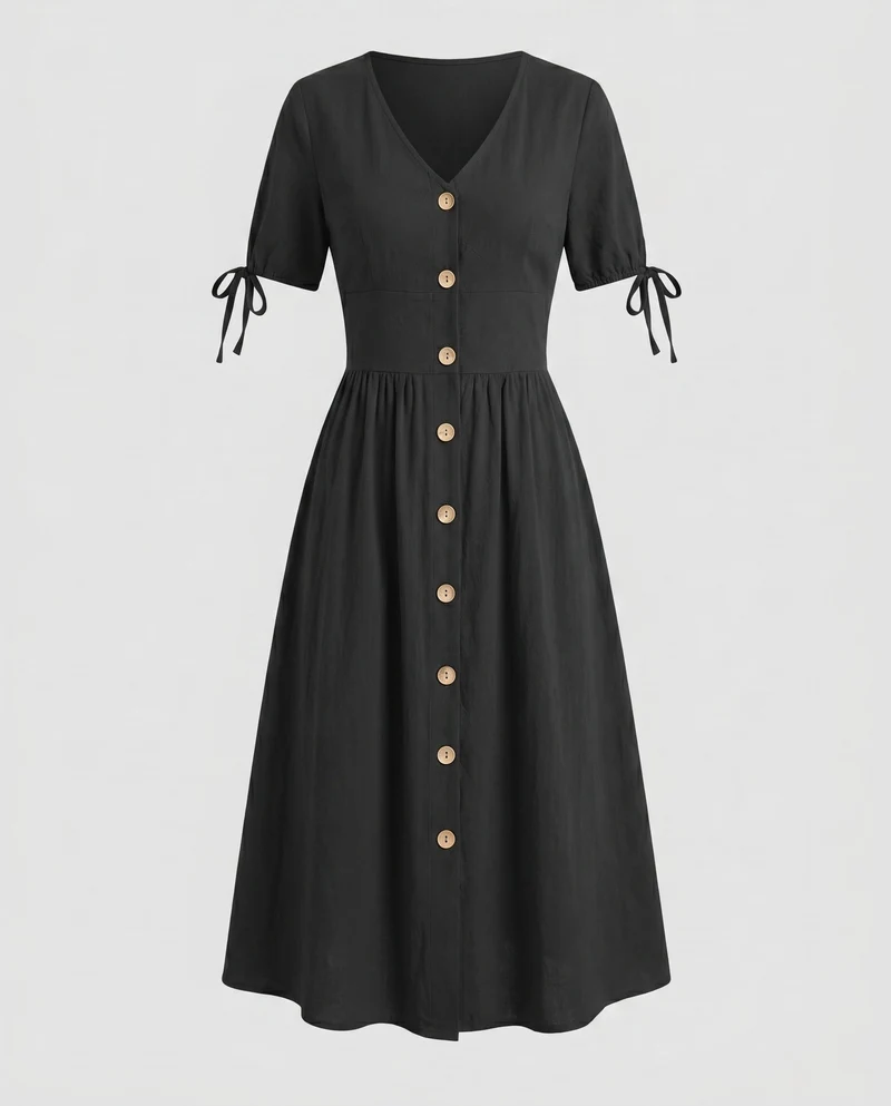 Damen Knielanges Kleid mit Knopfleiste und eleganten Puffärmeln