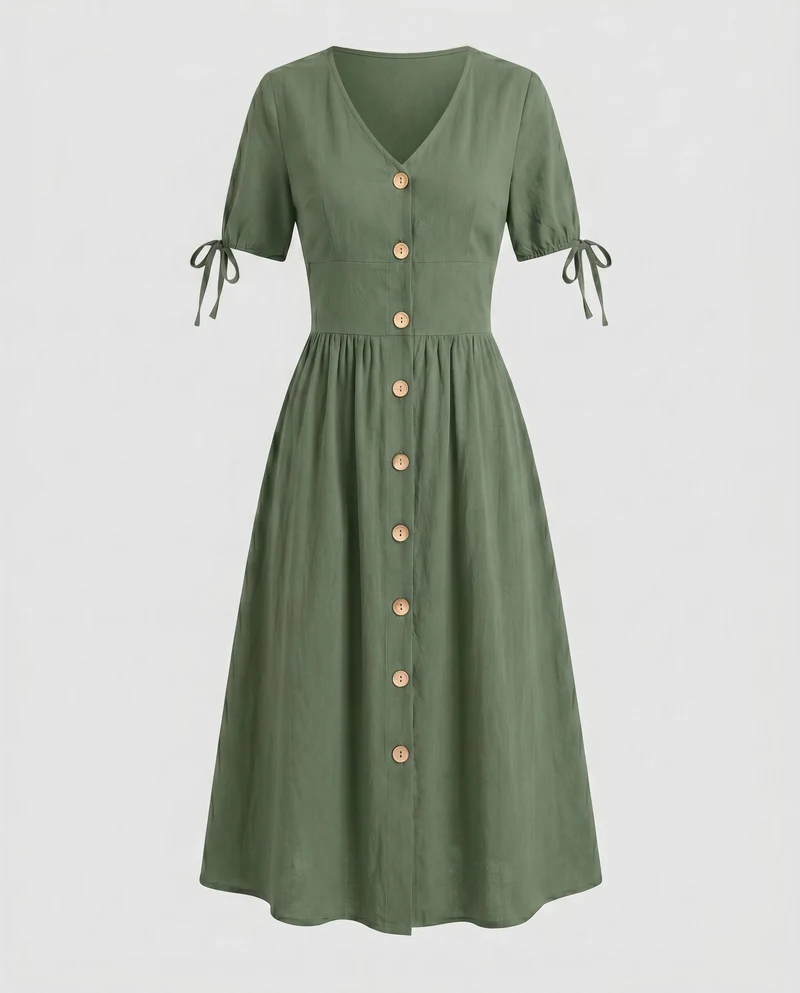Damen Knielanges Kleid mit Knopfleiste und eleganten Puffärmeln