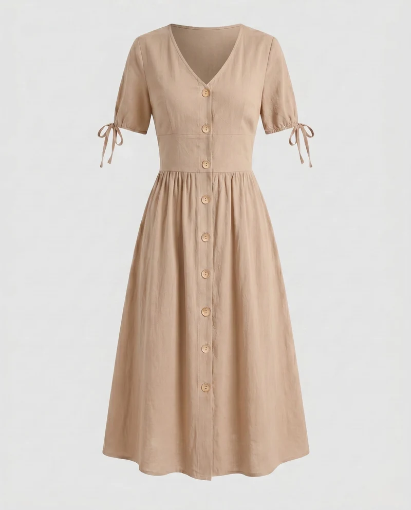 Damen Knielanges Kleid mit Knopfleiste und eleganten Puffärmeln