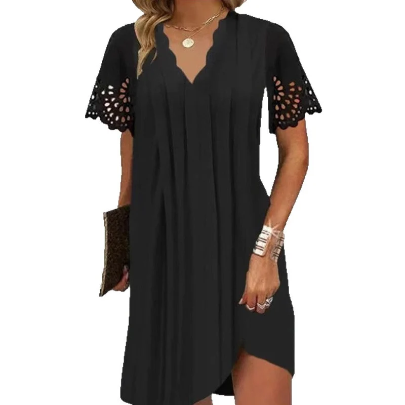 Damen nan leichtes Sommerkleid mit gezacktem V-Ausschnitt Ajourärmeln und geschwungenem Saum