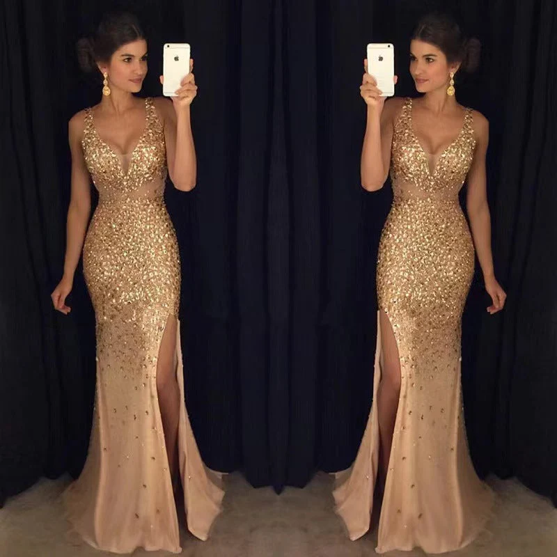 Damen Glamouröses Abendkleid mit glitzernden Pailletten und tiefem Schlitz