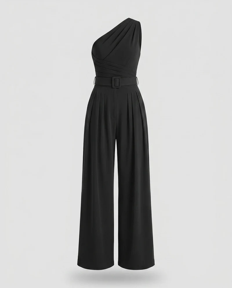 Damen Eleganter Jumpsuit mit asymmetrischem Ausschnitt und breitem Hosenbein Nord Taschen