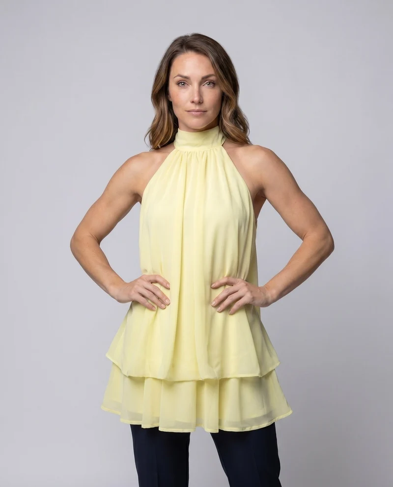 Damen luftiges ärmelloses Minikleid mit hohem Kragen und Rüschendetails