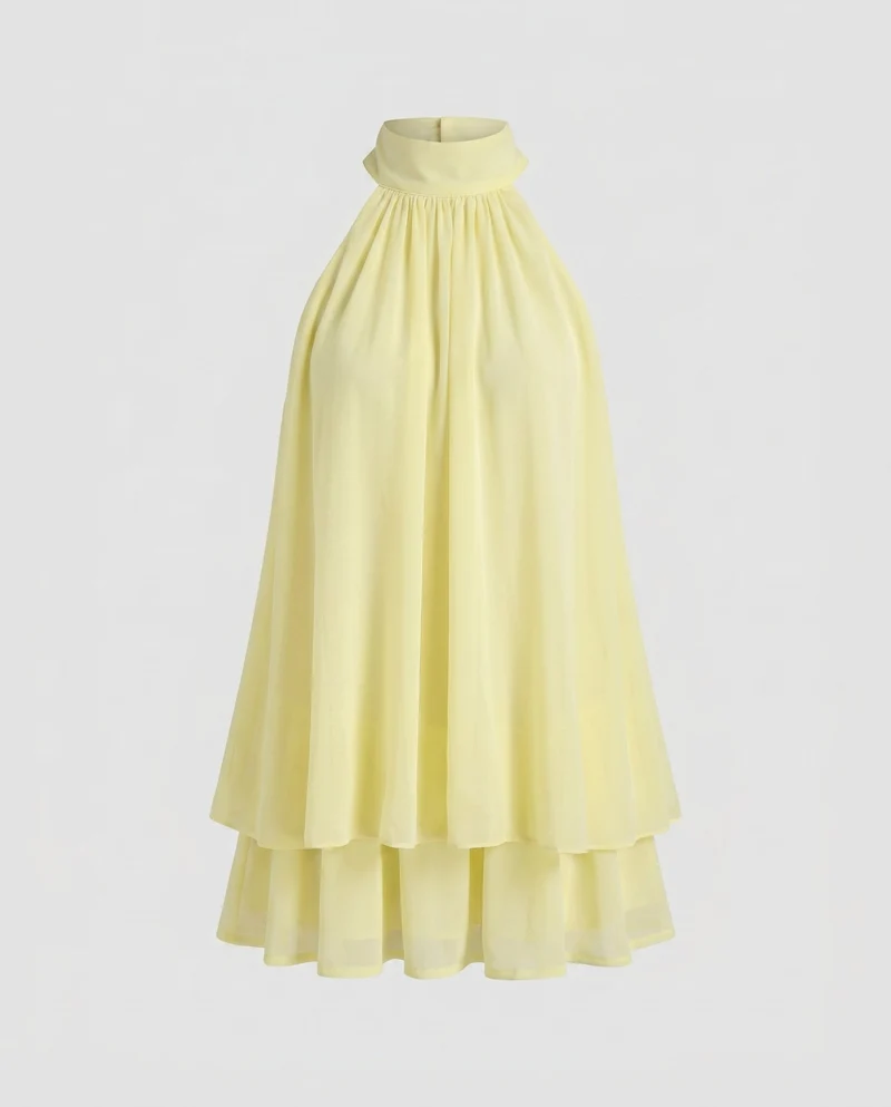 Damen luftiges ärmelloses Minikleid mit hohem Kragen und Rüschendetails