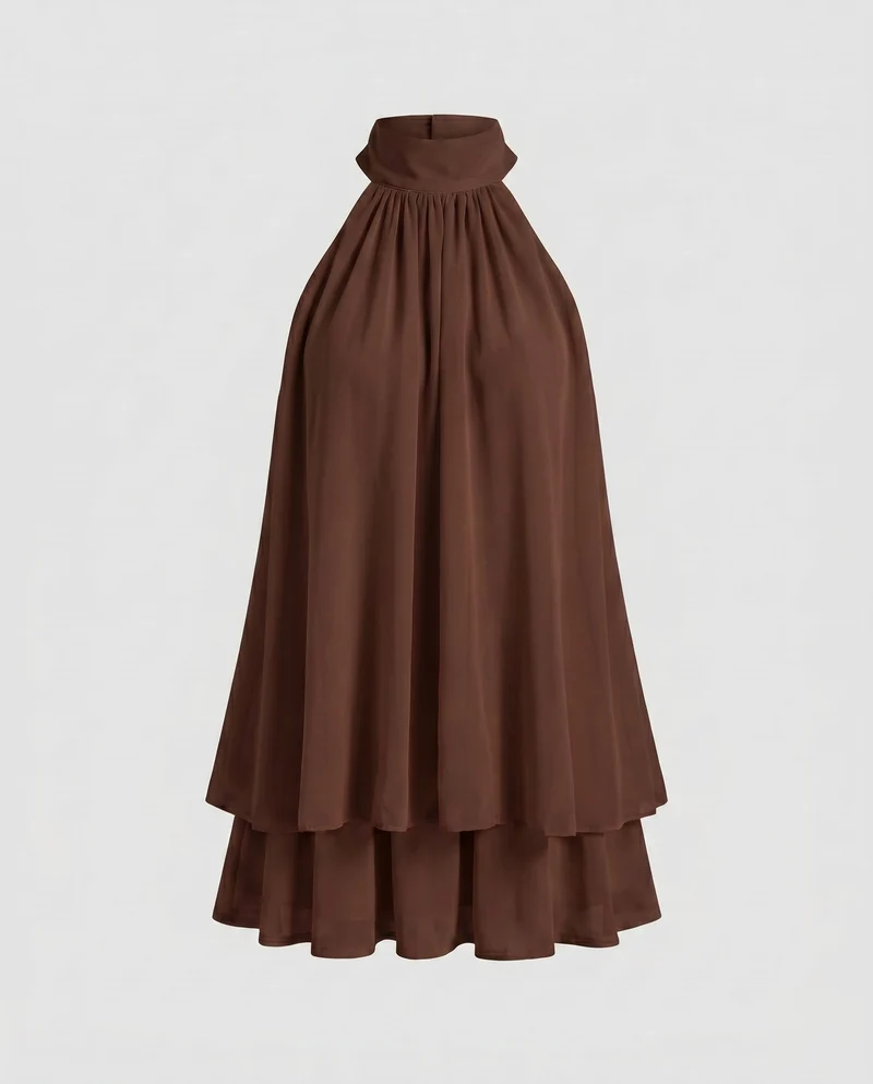 Damen luftiges ärmelloses Minikleid mit hohem Kragen und Rüschendetails