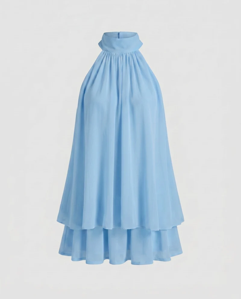 Damen luftiges ärmelloses Minikleid mit hohem Kragen und Rüschendetails