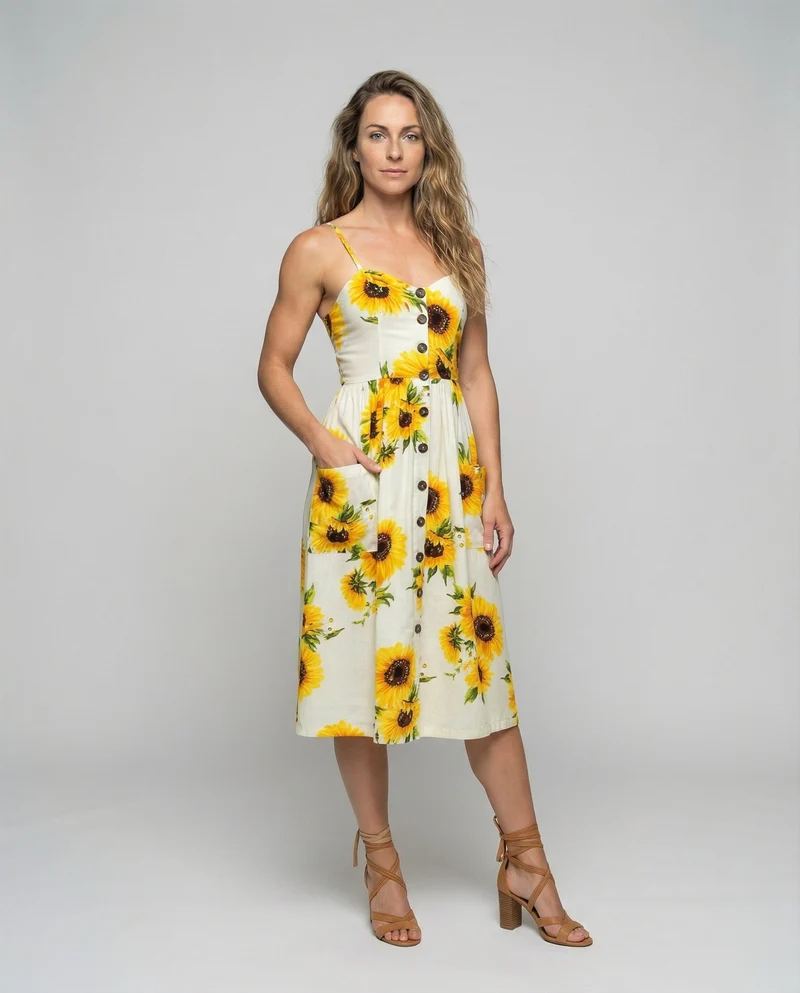 Damen Empire Knopf-Midikleid