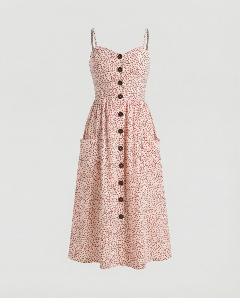 Damen Empire Knopf-Midikleid