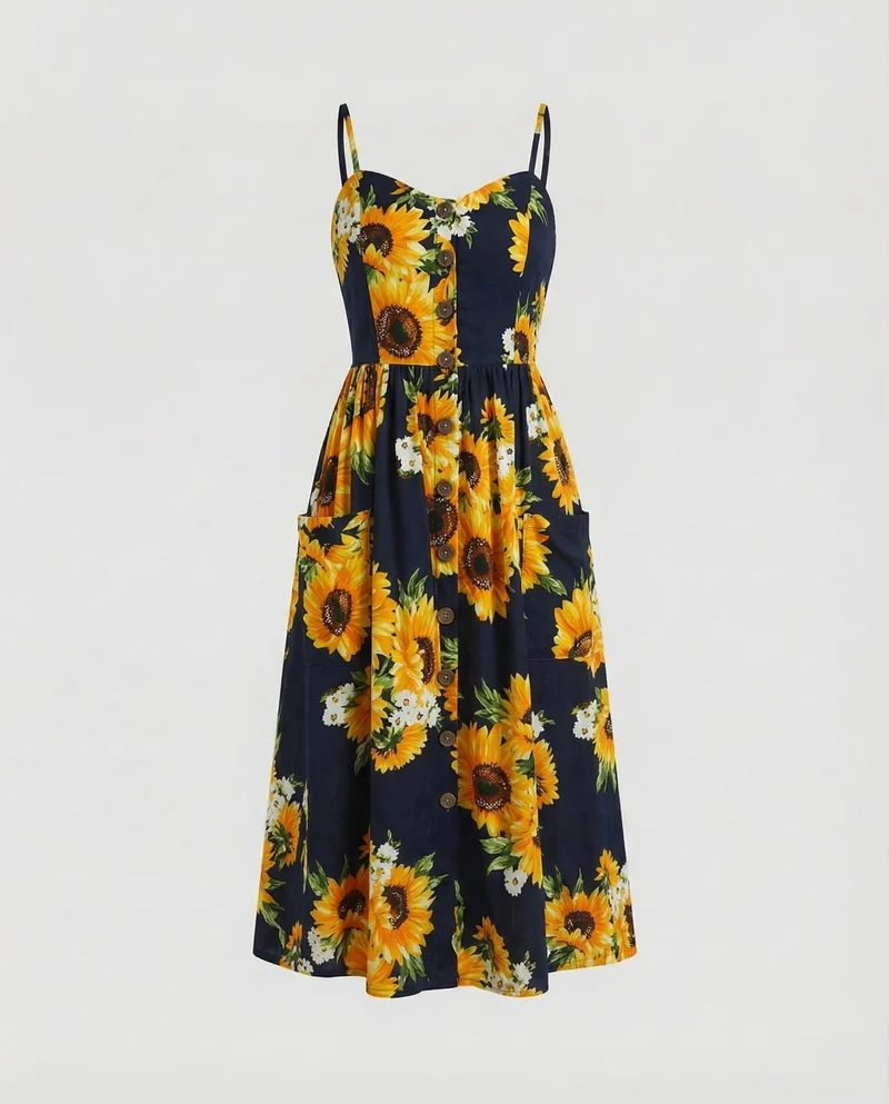Damen Empire Knopf-Midikleid