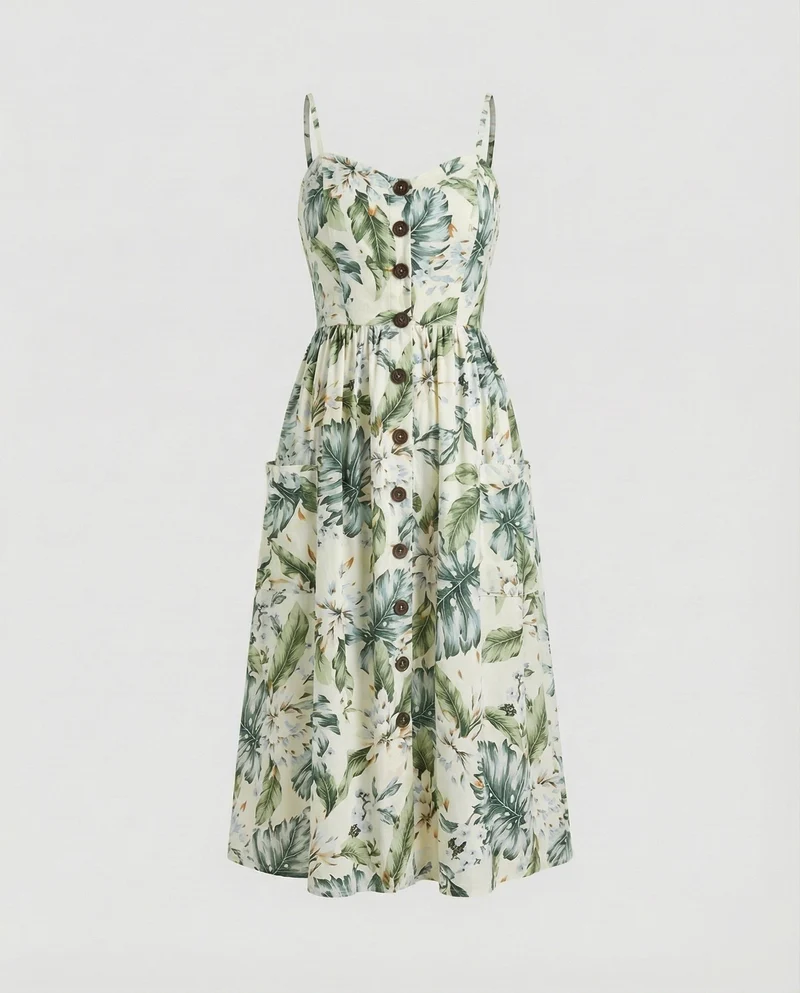 Damen Empire Knopf-Midikleid