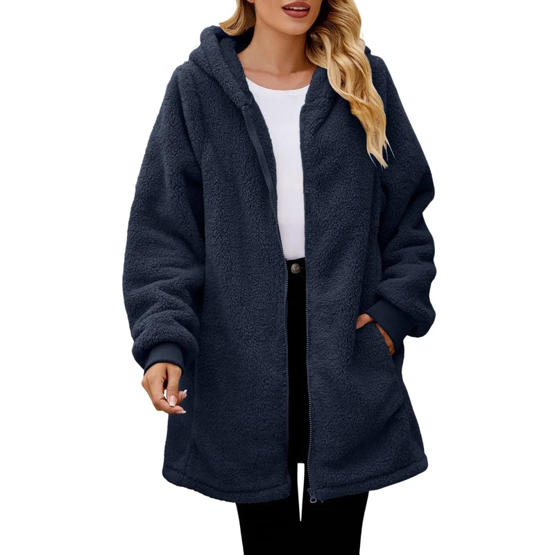 Damen kuschelige Fleecejacke mit Kapuze und Reißverschluss