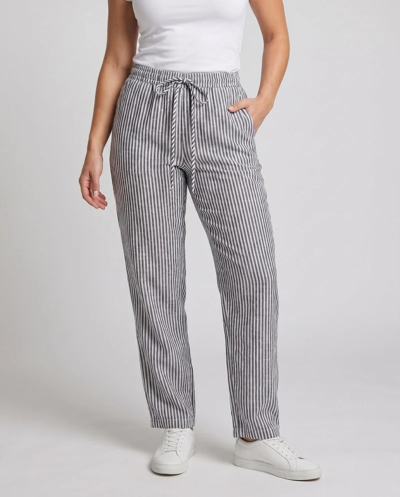 Damen gestreifte Leinenhose mit elastischem Bund und seitlichen Taschen