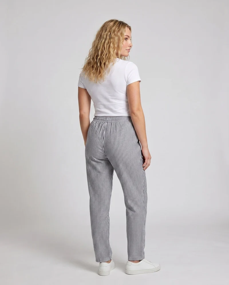 Damen gestreifte Leinenhose mit elastischem Bund und seitlichen Taschen