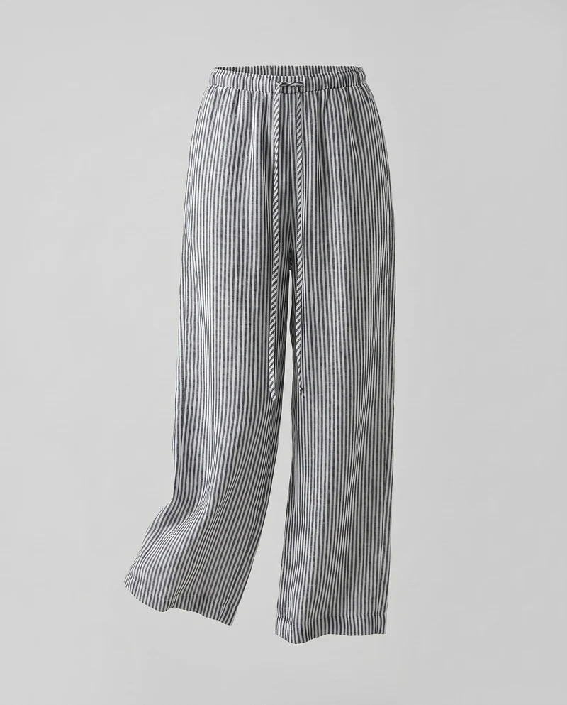 Damen gestreifte Leinenhose mit elastischem Bund und seitlichen Taschen