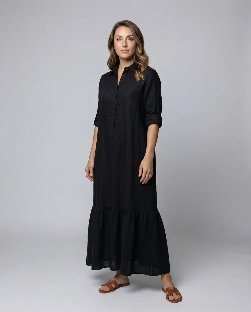 Damen Lockere Leinenoptik Leinenoptik Hemdblusen-Maxiswingkleid