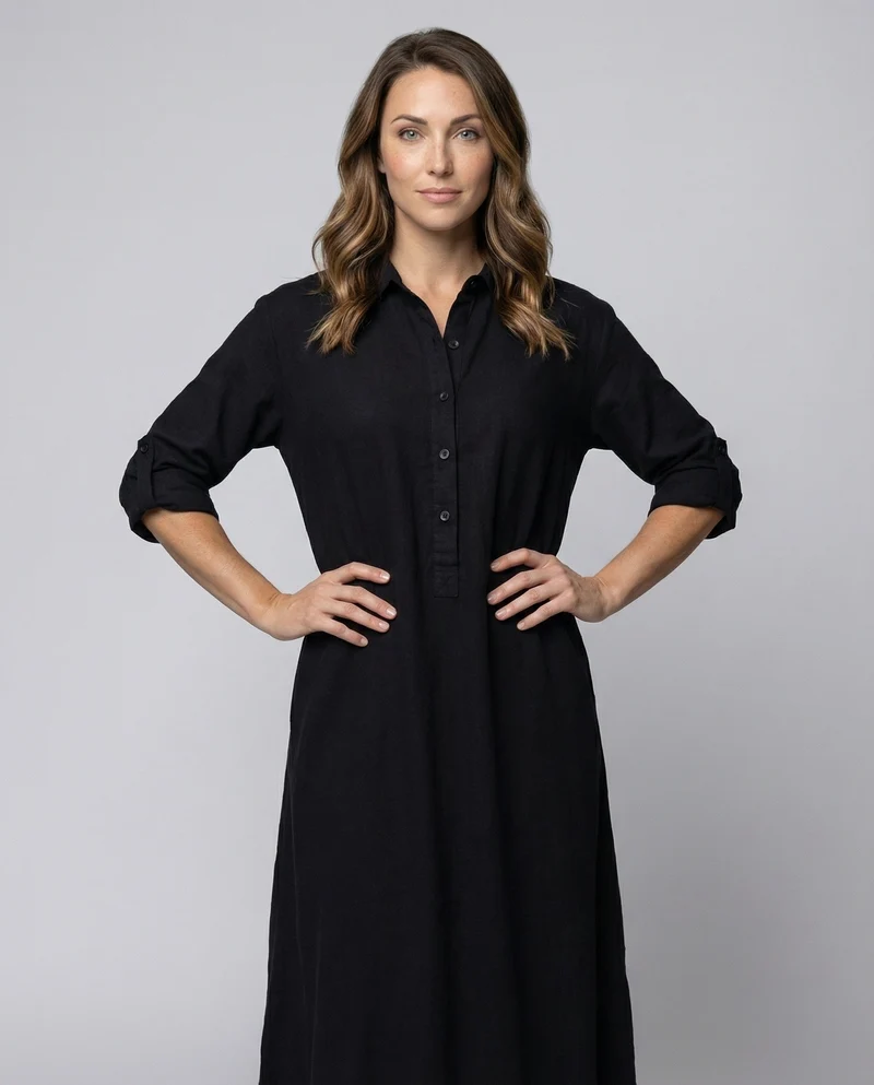 Damen Lockere Leinenoptik Leinenoptik Hemdblusen-Maxiswingkleid