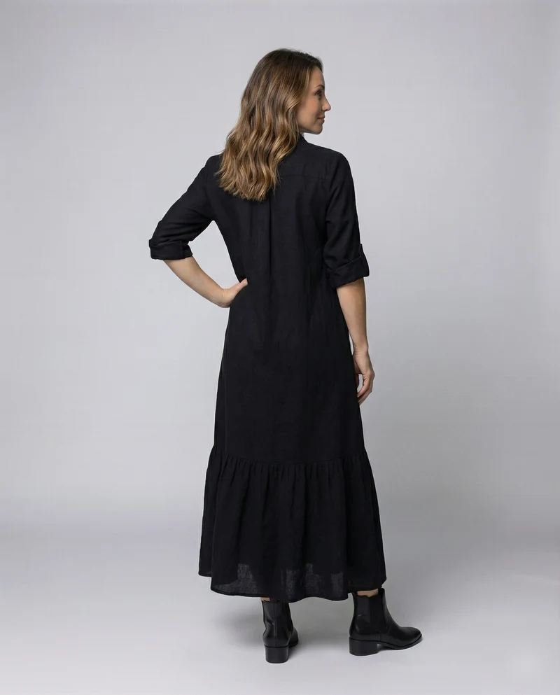 Damen Lockere Leinenoptik Leinenoptik Hemdblusen-Maxiswingkleid