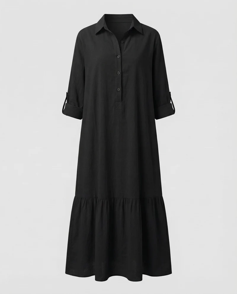 Damen Lockere Leinenoptik Leinenoptik Hemdblusen-Maxiswingkleid