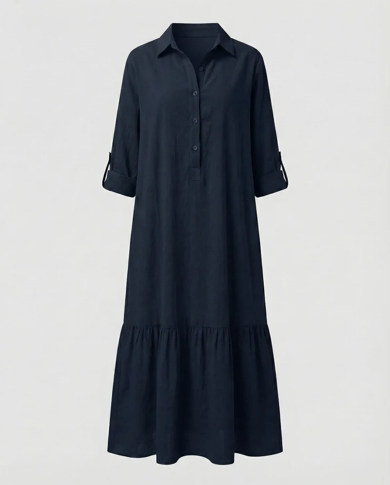 Damen Lockere Leinenoptik Leinenoptik Hemdblusen-Maxiswingkleid