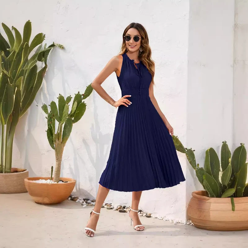 Damen Plissiertes Midikleid mit elegantem Schlitz und verstellbarem Kragen Nord Taschen