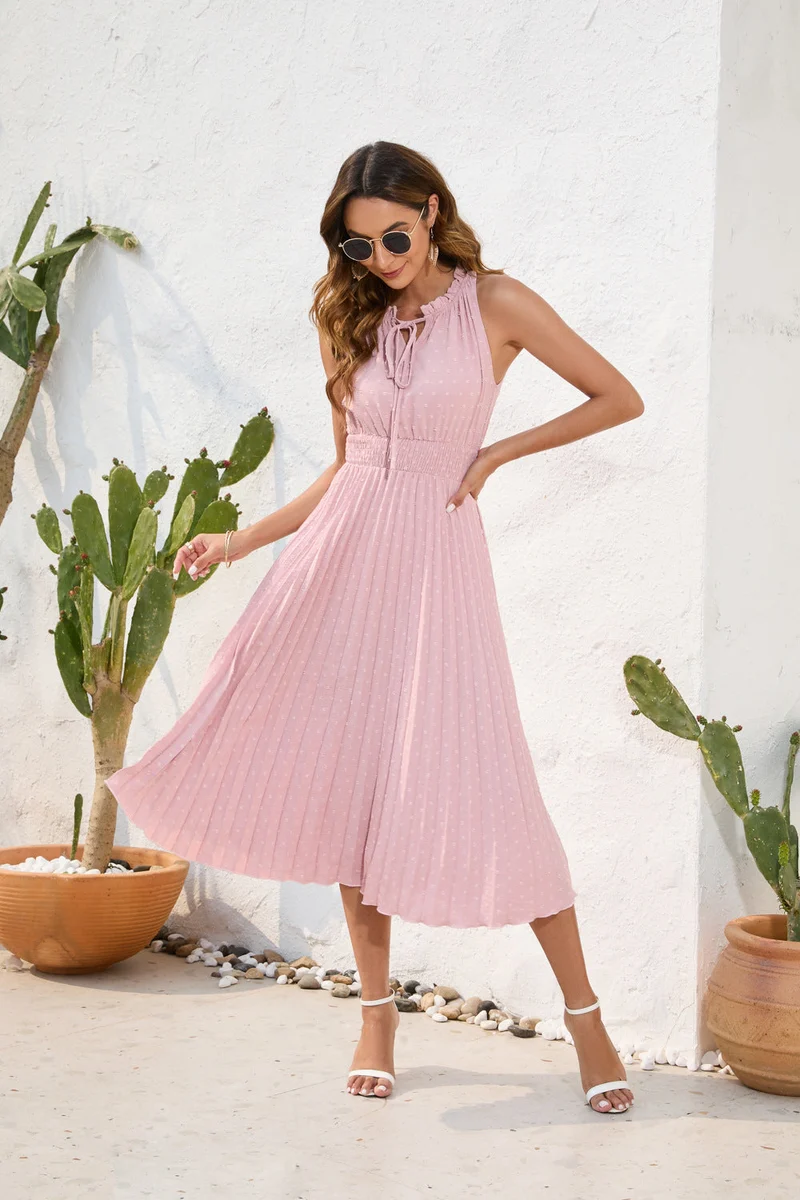 Damen Plissiertes Midikleid mit elegantem Schlitz und verstellbarem Kragen Nord Taschen