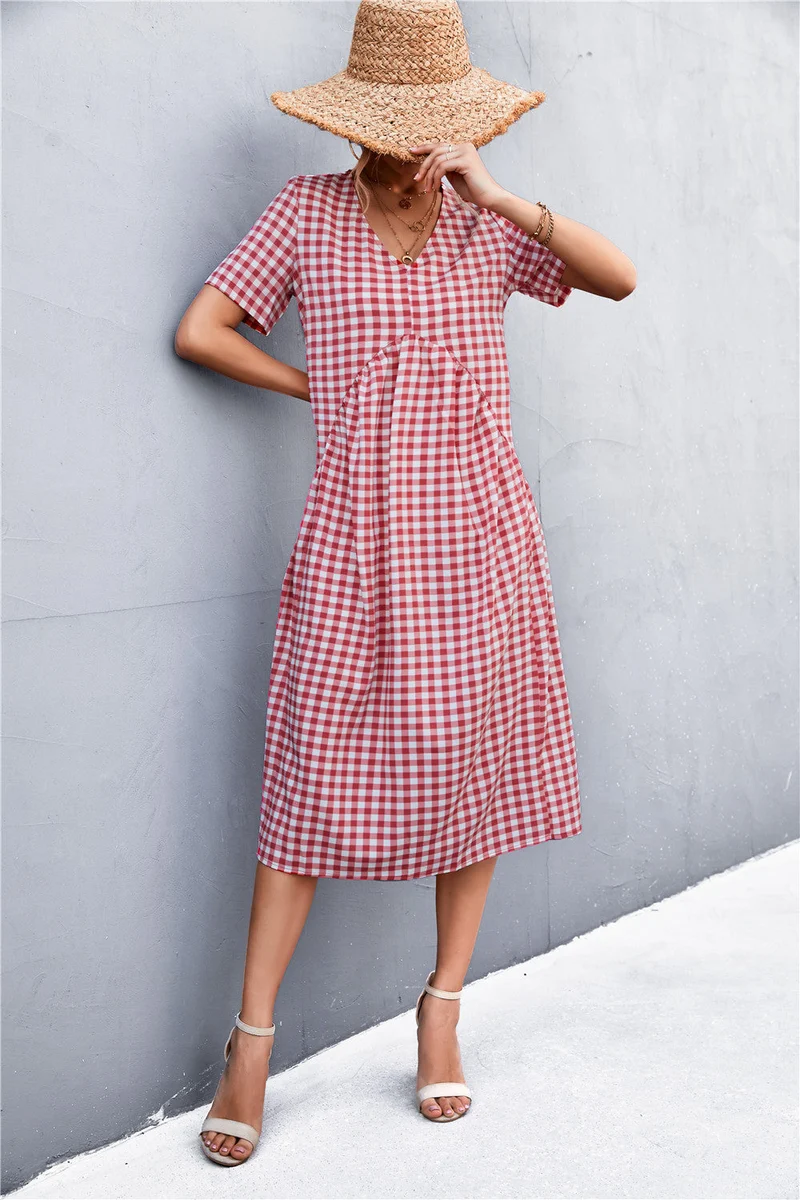 Damen V-Ausschnitt Midikleid mit kariertem Design und ausgestelltem Rock