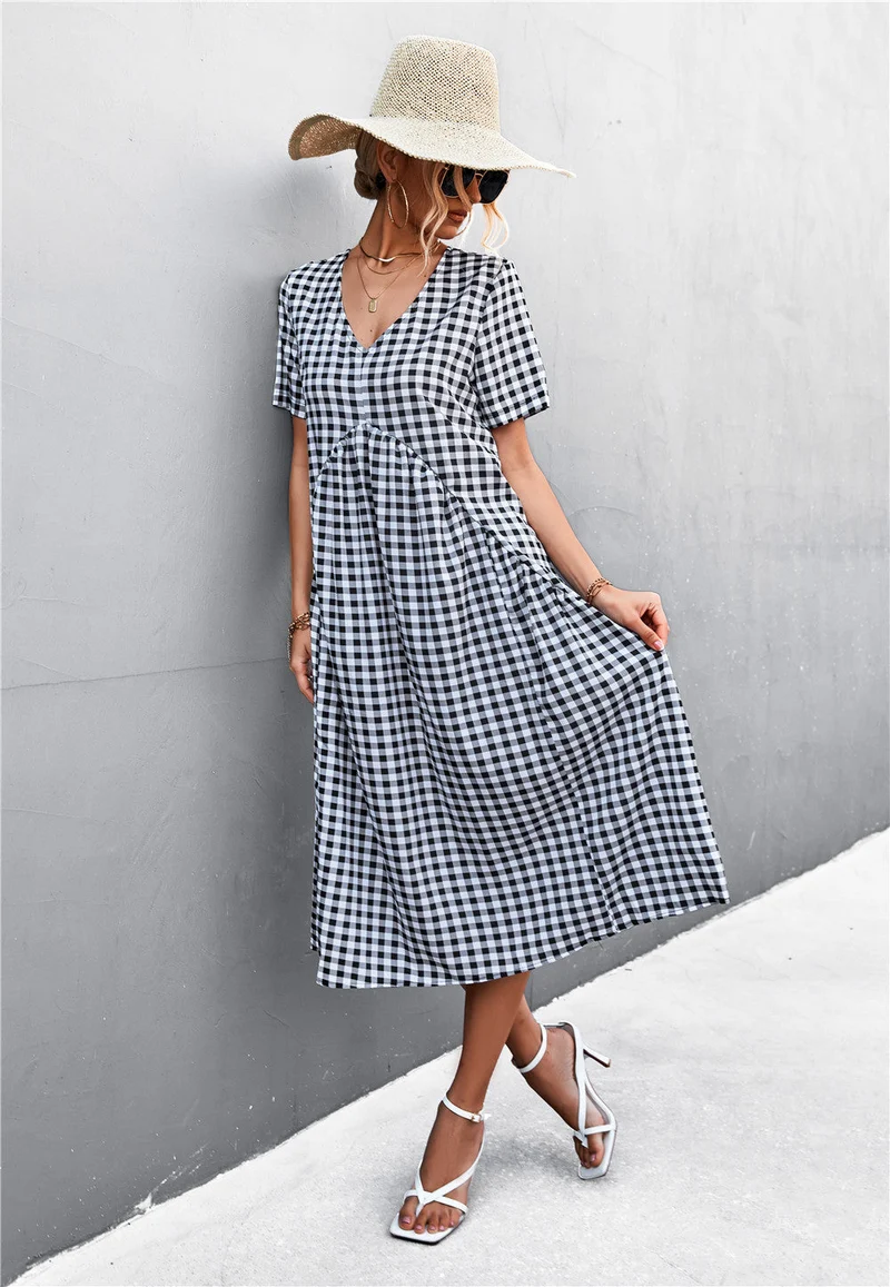 Damen V-Ausschnitt Midikleid mit kariertem Design und ausgestelltem Rock