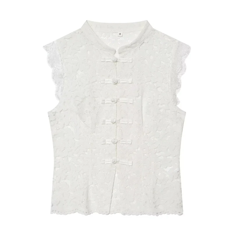 Damen-Spitzenoberteil mit traditionellem Stehkragen und eleganten Knopfdetails