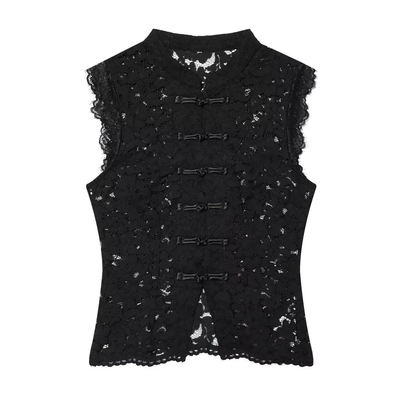 Damen-Spitzenoberteil mit traditionellem Stehkragen und eleganten Knopfdetails
