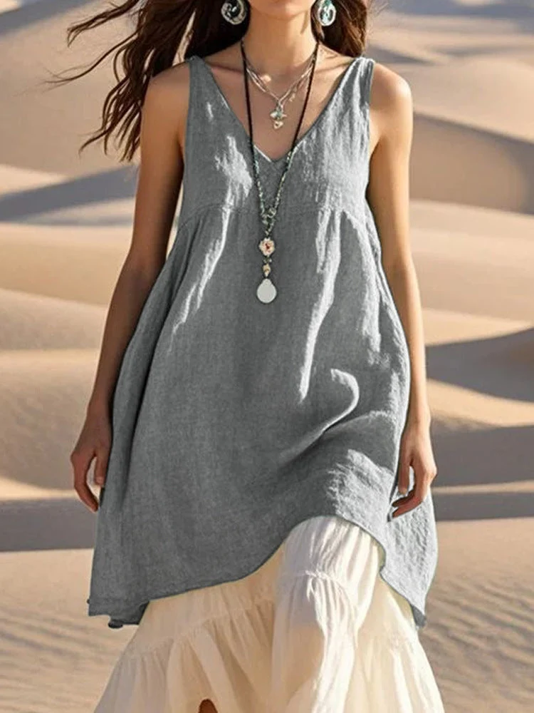Damen lässiges Leinen-Oberteil mit V-Ausschnitt und asymmetrischem Saum Nord Taschen