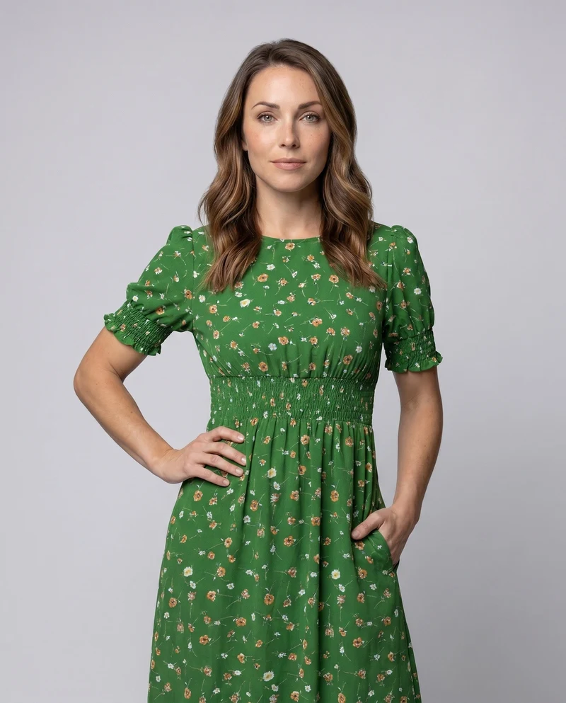 Damen Midikleid mit floralem Muster und elastischem Tailleneinsatz